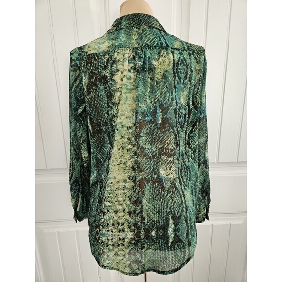 New Directions Green Snake Print Blouse With Roll Tab Sleeves Sheer Size PM - Picture 7 of 9